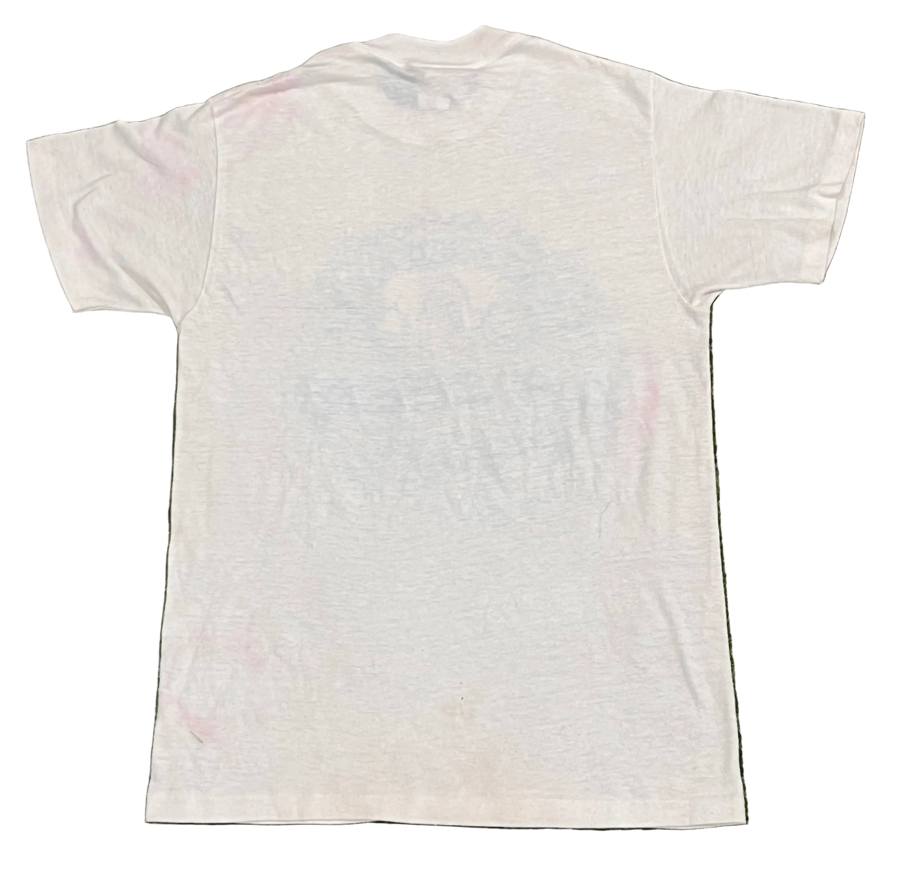 A white short-sleeve t-shirt showing a faint, faded graphic print on the back.
