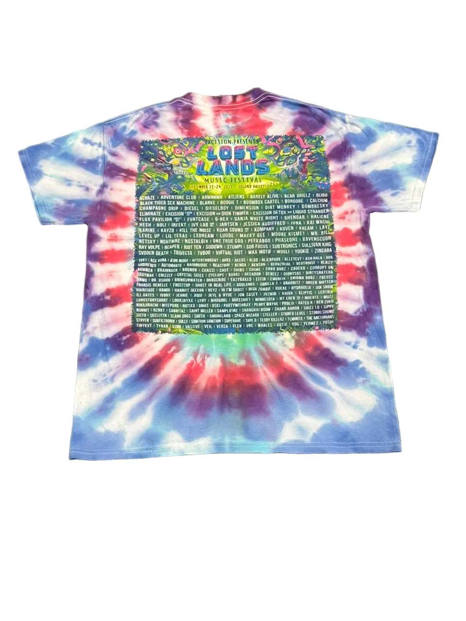 Tie-dye t-shirt with text on a white background