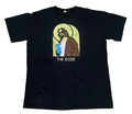 A black short-sleeve graphic t-shirt . The shirt features a central graphic of a bearded man with a halo holding a blue drink, with the text 'THE DUDE' printed below in yellow.