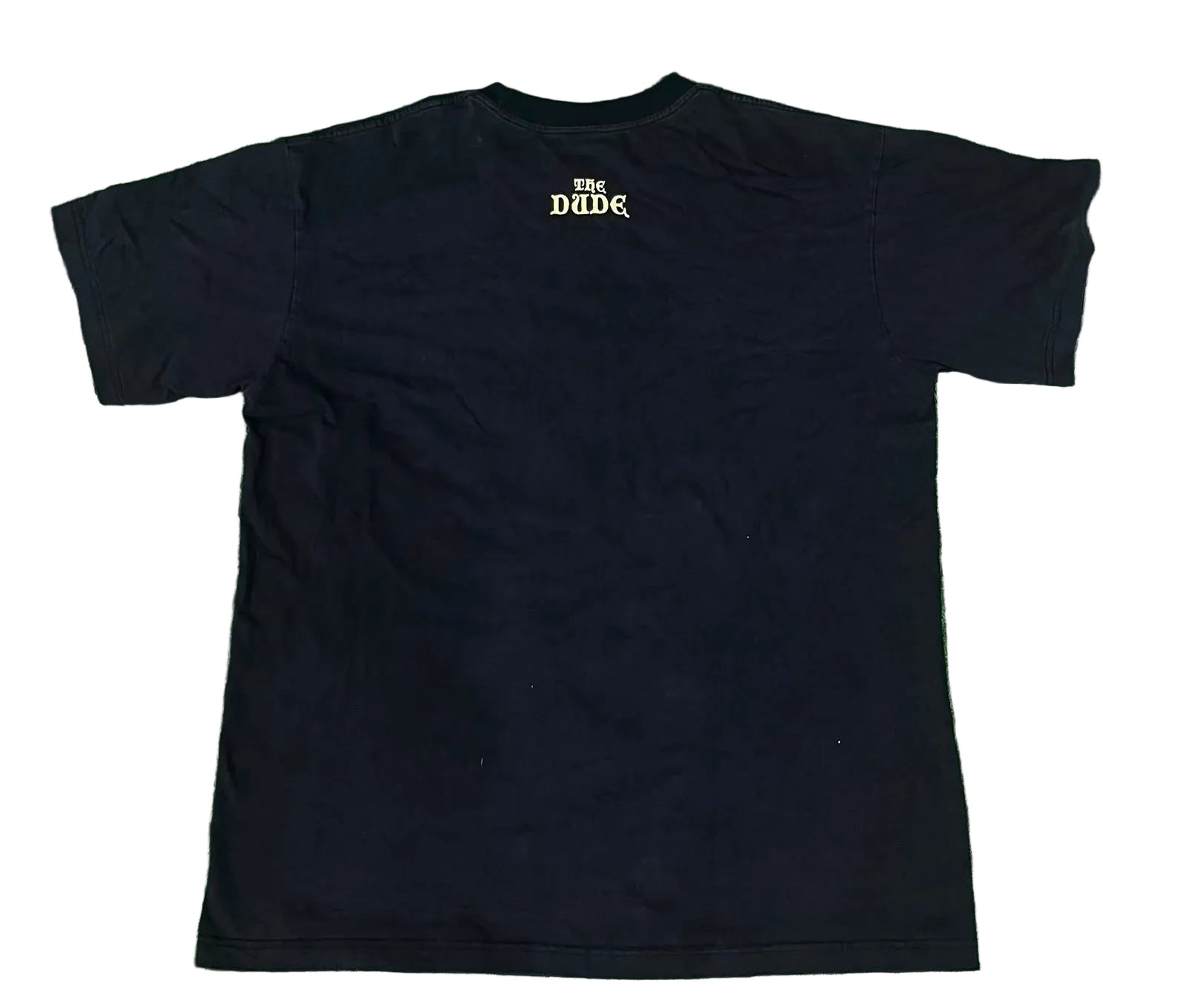 A black short-sleeve t-shirt with a small gold 'THE DUDR' logo printed on the upper back