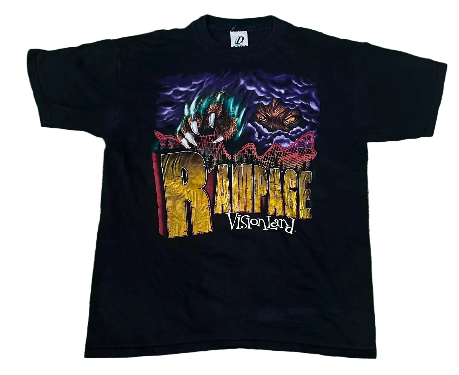 A black short-sleeve graphic t-shirt featuring a colorful front print with the words 'Rampage Visionary!' and an illustrated scene