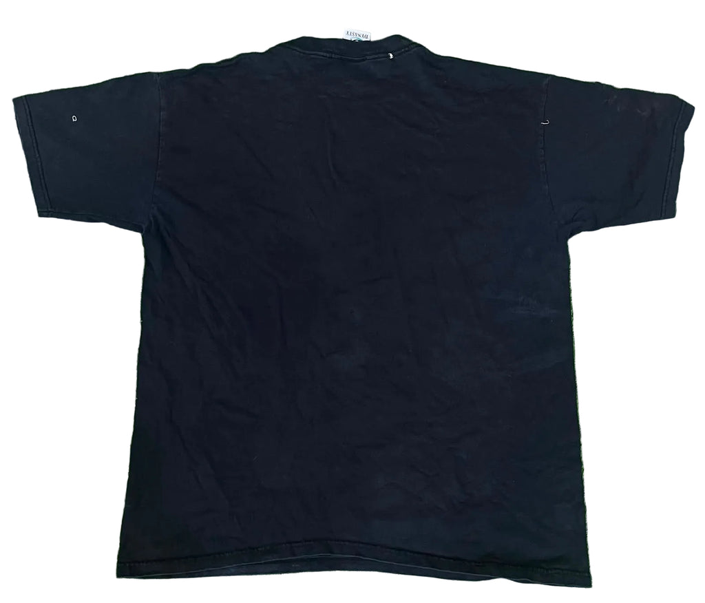 A black short-sleeve t-shirt ON THE WHITE BACKGROUND
