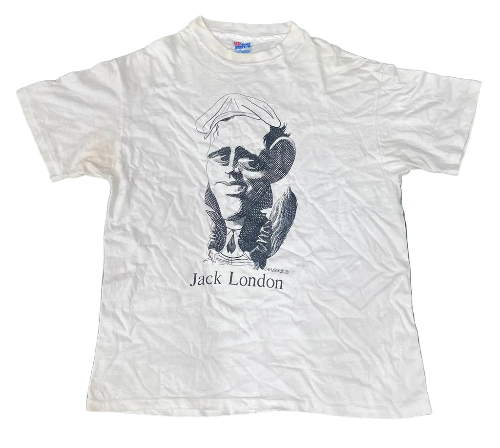 A white short-sleeve graphic t-shirt featuring a black-and-white illustration of Jack London's face and the text 'Jack London' printed below it,