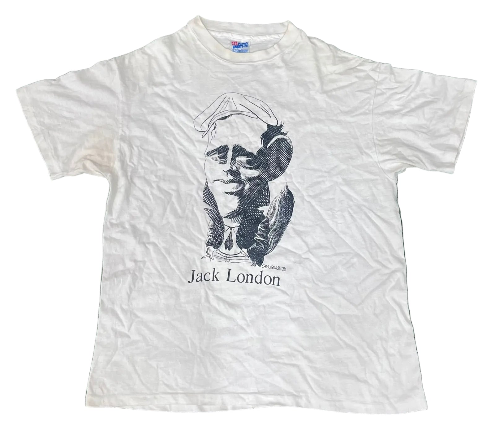 A white short-sleeve graphic t-shirt featuring a black-and-white illustration of Jack London's face and the text 'Jack London' printed below it,