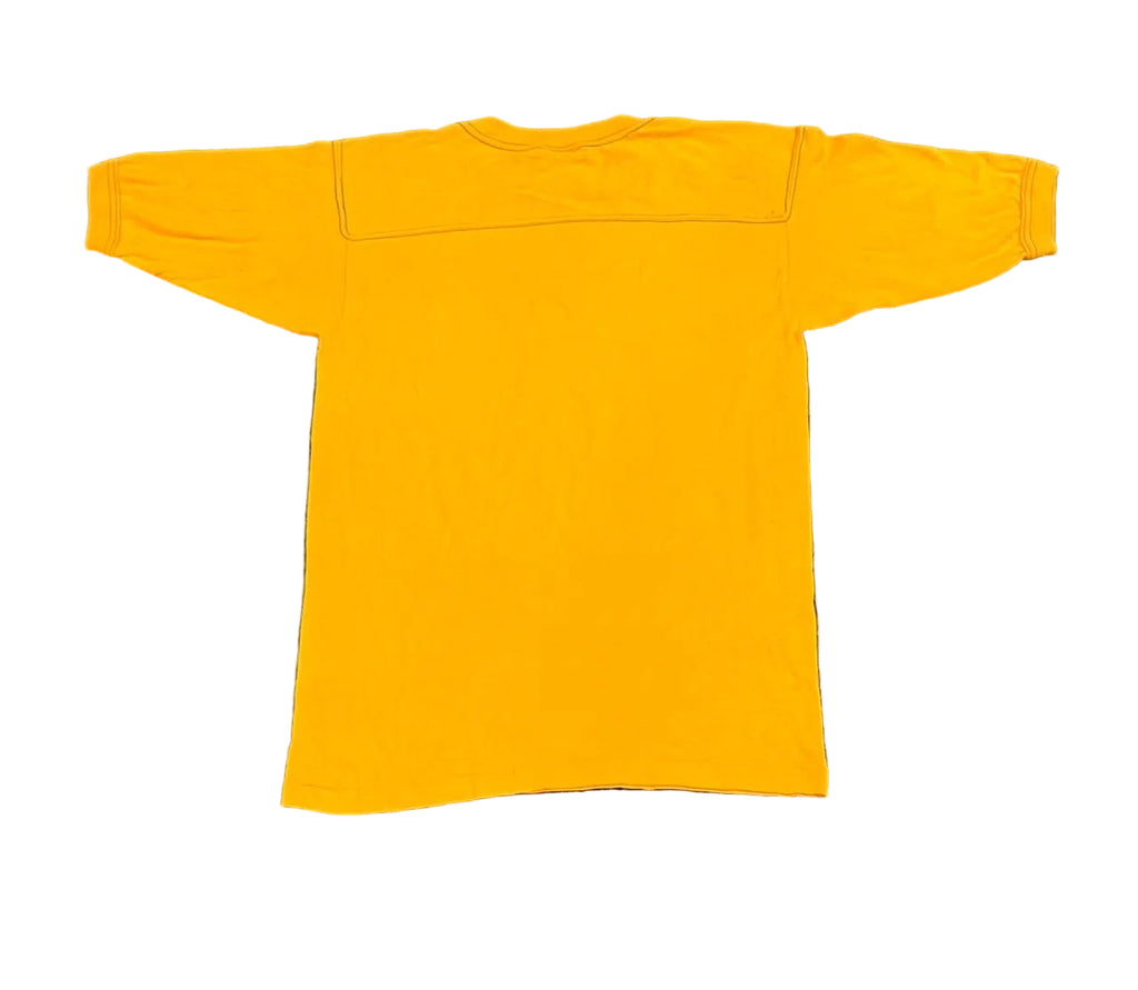 A bright yellow long-sleeve t-shirt laid flat on white background