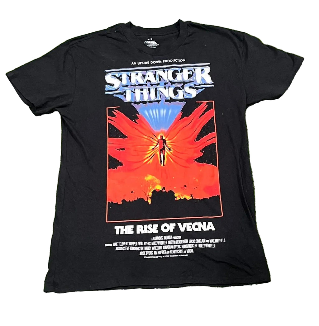 Black t-shirt with 'Stranger Things' graphic design on a white background