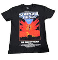 Black t-shirt with 'Stranger Things' graphic design on a white background
