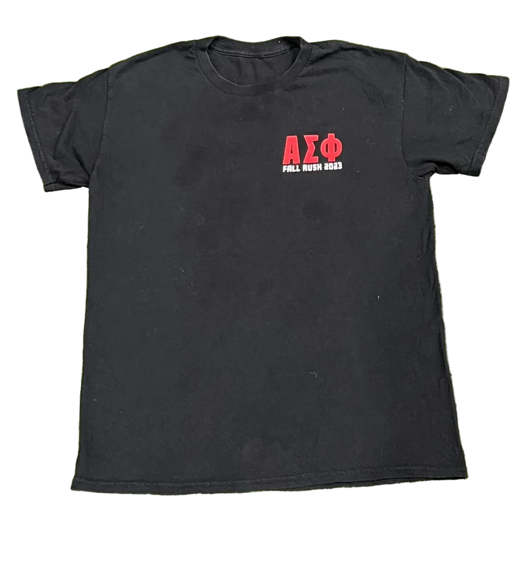 A black short-sleeve t-shirt with a red Greek letter graphic 'ΑΣΦ' and the words 'FULL BURN 2013' printed on the left chest,