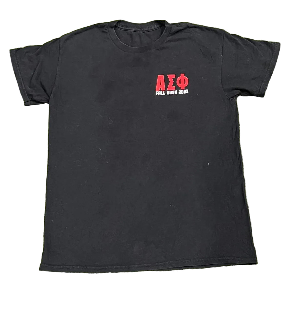 A black short-sleeve t-shirt with a red Greek letter graphic 'ΑΣΦ' and the words 'FULL BURN 2013' printed on the left chest,