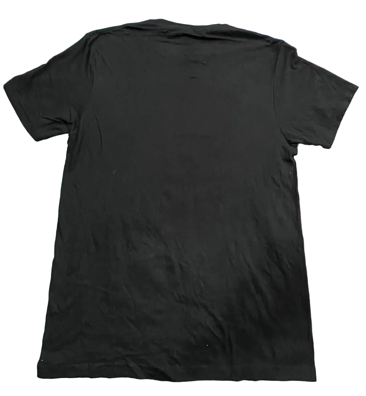 A plain black short-sleeve t-shirt ON THE WHITE BACKGROUND
