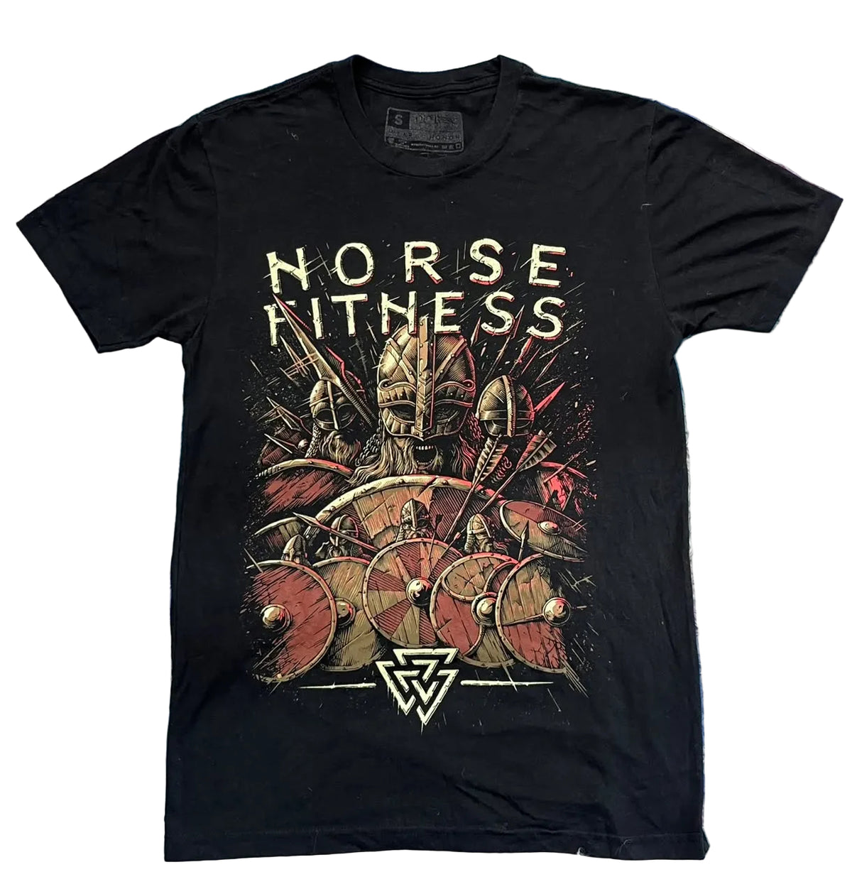 A black graphic t-shirt featuring the words 'NORSE FITNESS' in distressed cream lettering above an illustration of Viking warriors with spears and shields. 