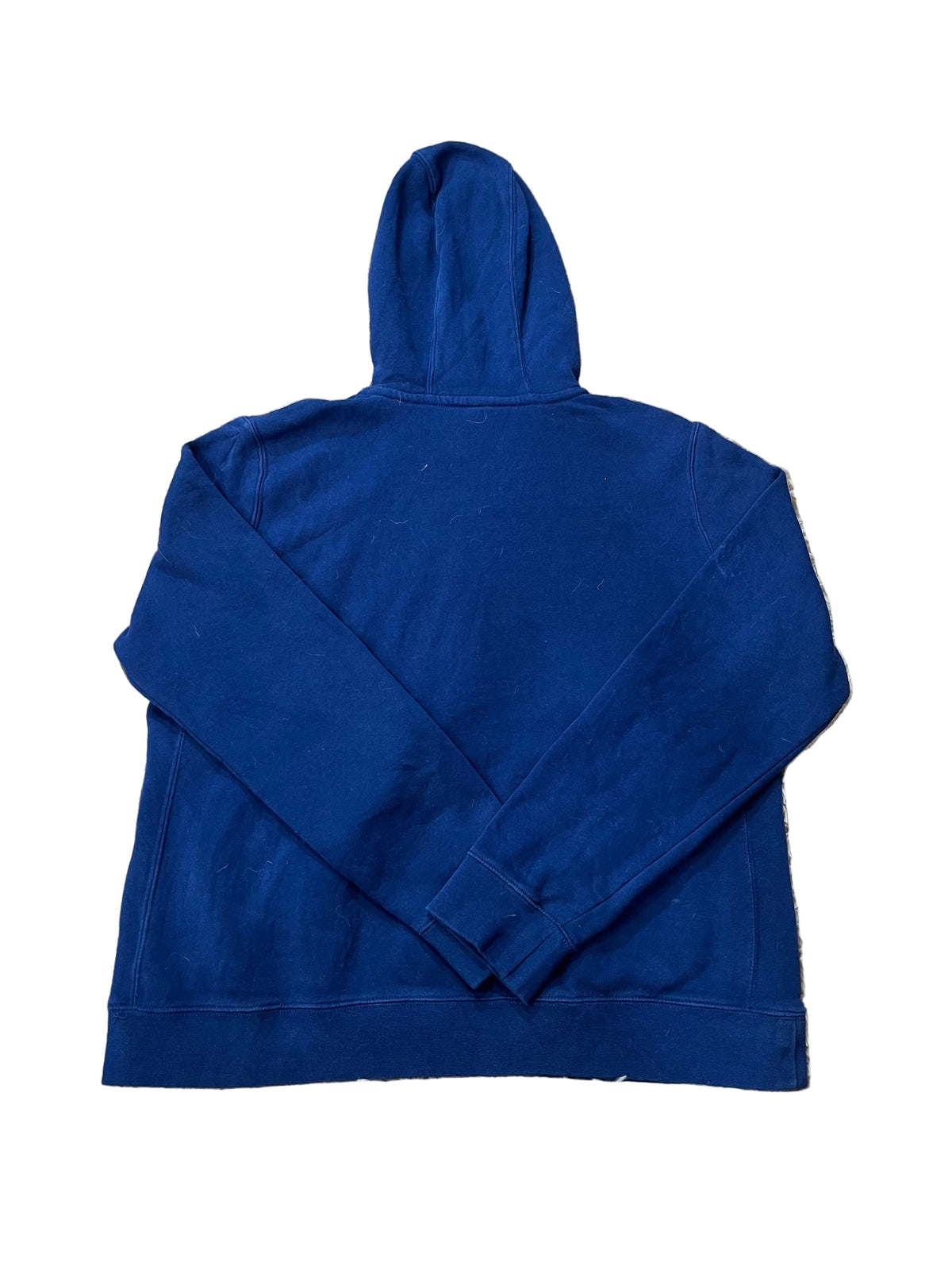 A royal blue pullover hoodie l, showing the back view with the hood up.