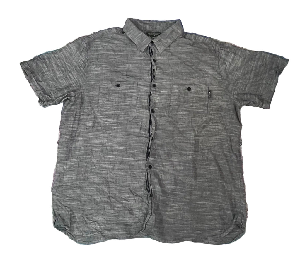 A short-sleeve button-up shirt in a heathered gray fabric