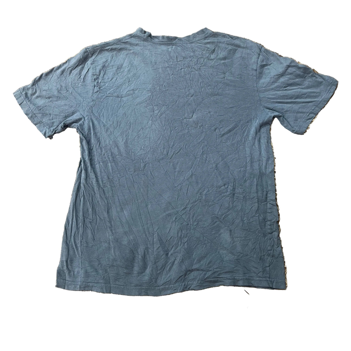 A gray short-sleeve t-shirt , showing the back side of the garment.