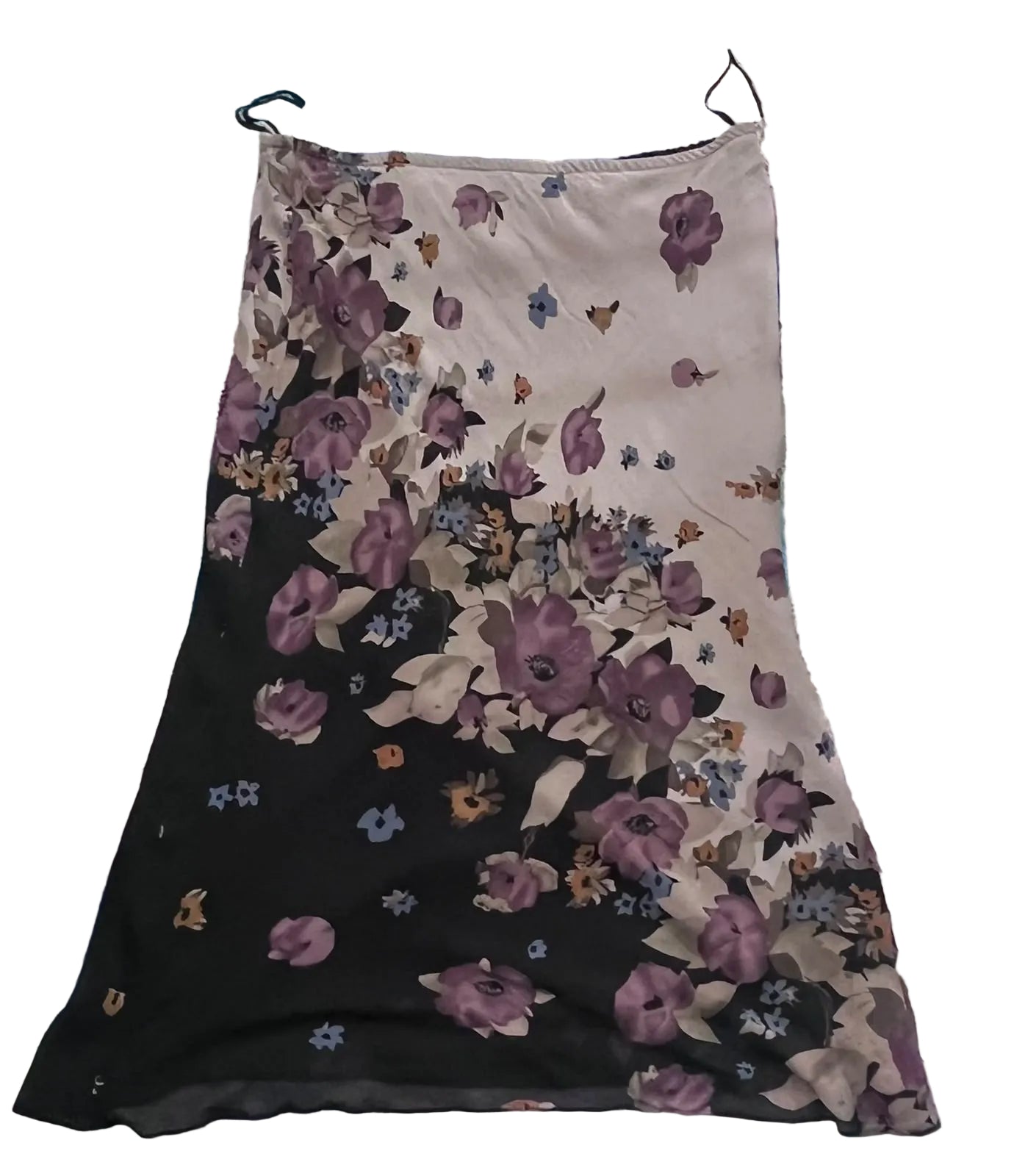 A floral slip dress with a black and beige gradient design, featuring purple and blue flowers, 