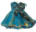 A blue and black tulle ball gown with a heavily embellished black sequined bodice and layered ruffles, 