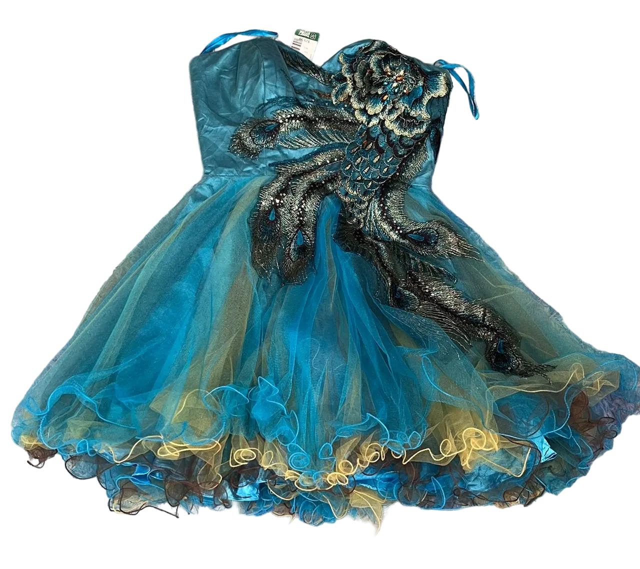 A blue and black tulle ball gown with a heavily embellished black sequined bodice and layered ruffles, 