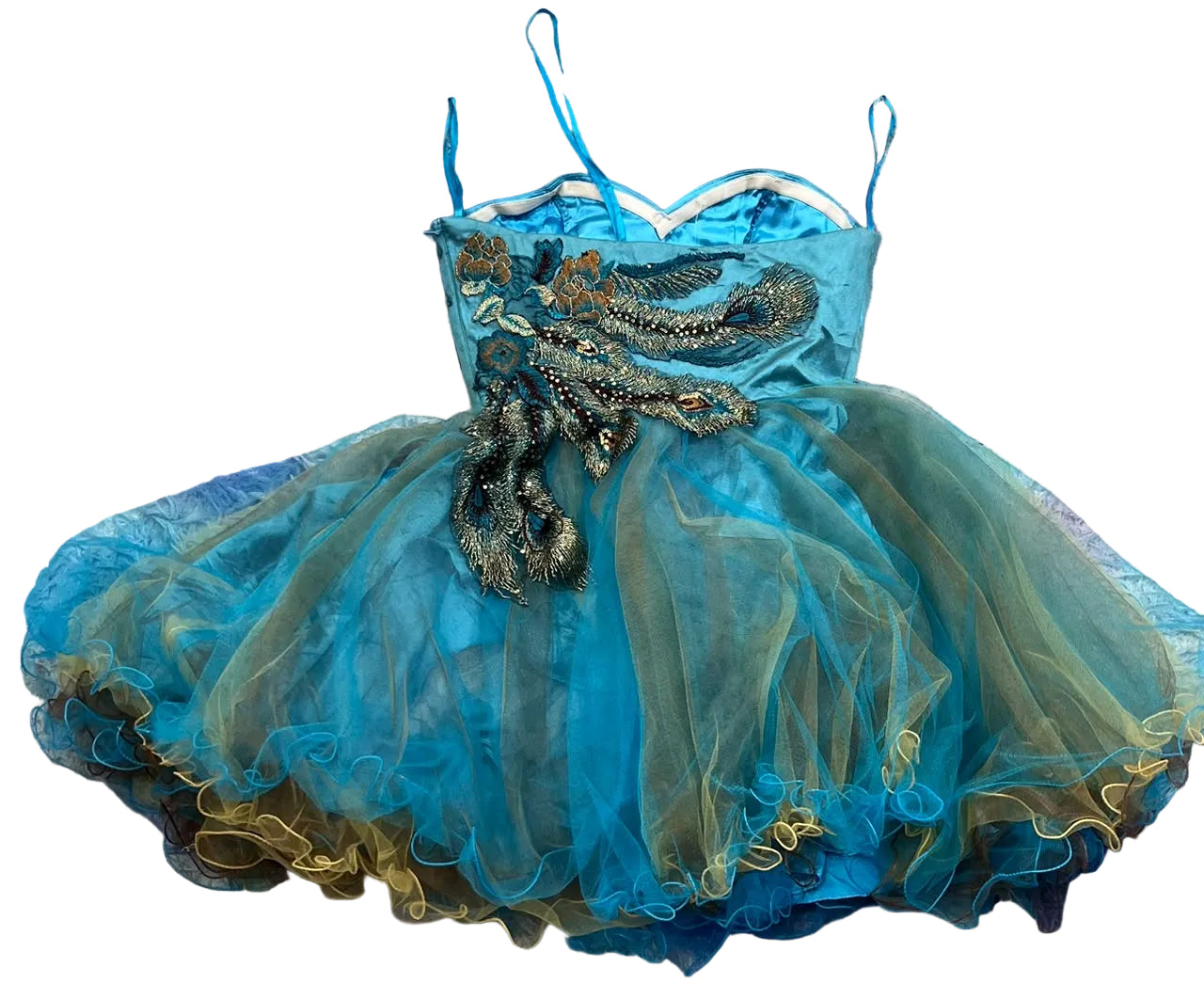 A blue tulle tutu dress with a sweetheart neckline, thin shoulder straps, and a large metallic gold and silver feather embellishment on the bodice, 