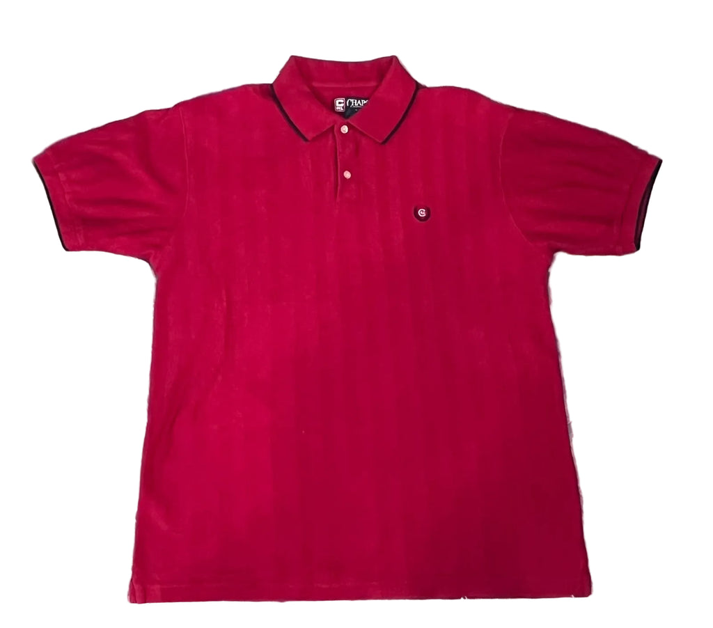 A red short-sleeve polo shirt with a dark collar and sleeve trim, A small embroidered logo is visible on the left chest.
