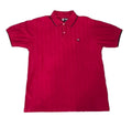 A red short-sleeve polo shirt with a dark collar and sleeve trim, A small embroidered logo is visible on the left chest.