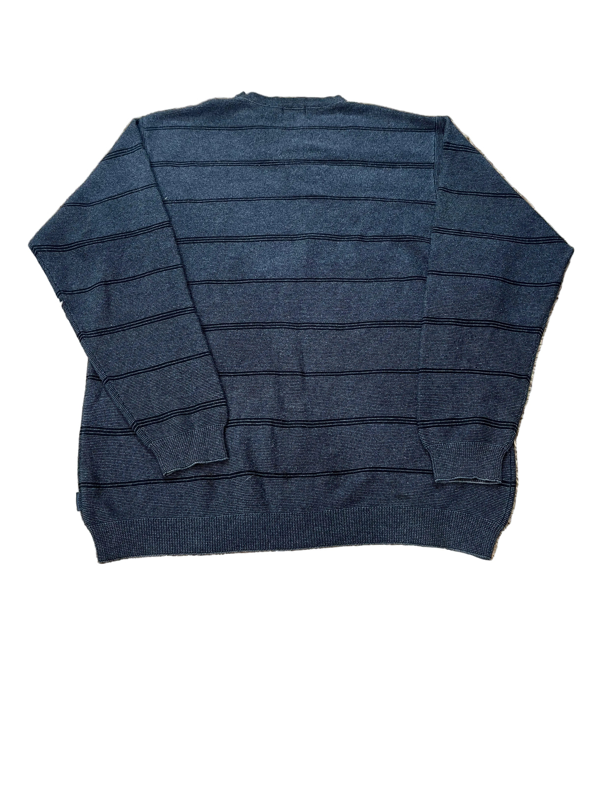 A dark gray knit sweater with thin horizontal black stripes, 