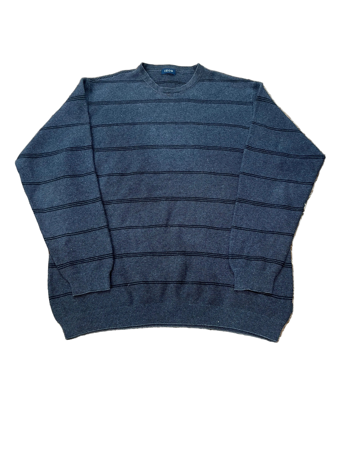 A dark gray crewneck sweater with thin horizontal black stripes, 