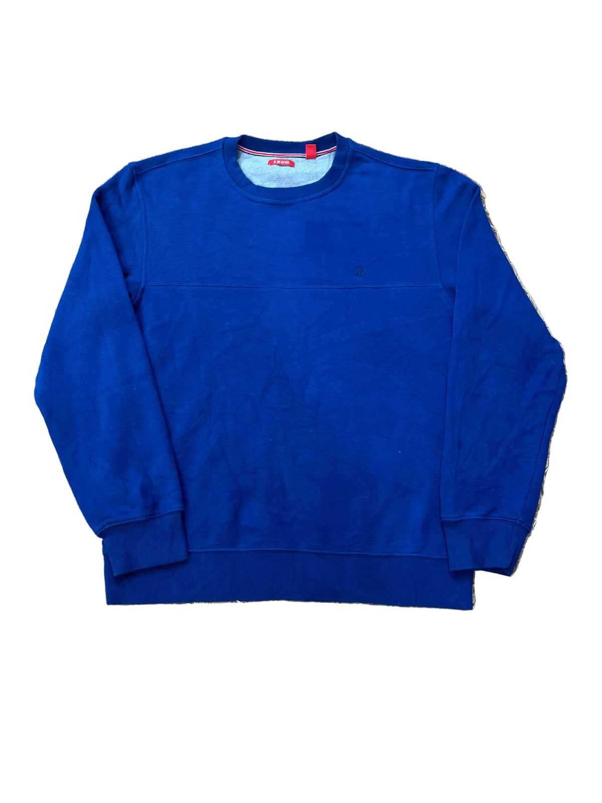 A royal blue crewneck sweatshirt . The sweatshirt has a small embroidered logo on the left chest and a light blue inner collar lining with a red tag.