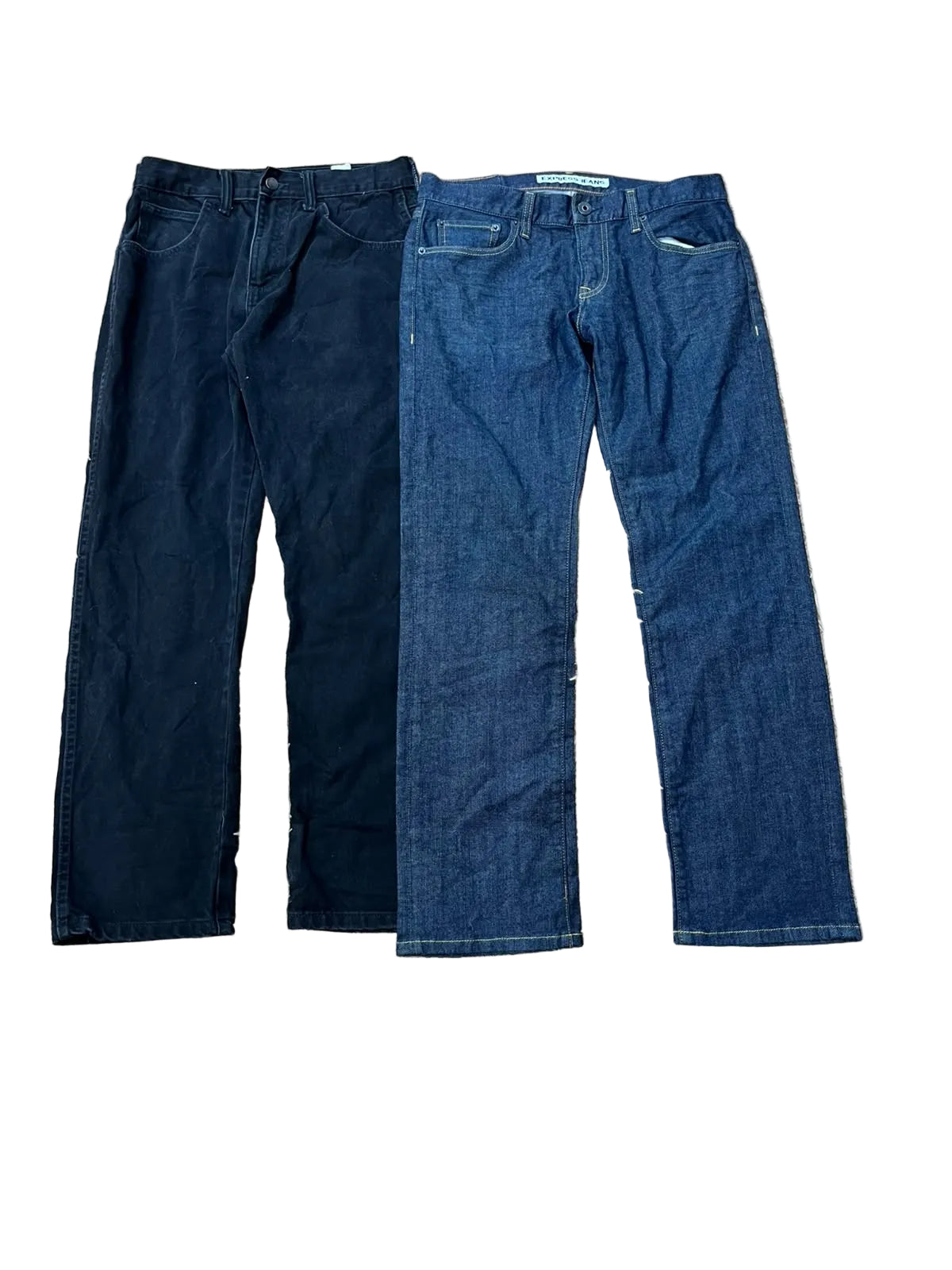 Two pairs of jeans: one pair in dark navy and one pair in medium blue denim.